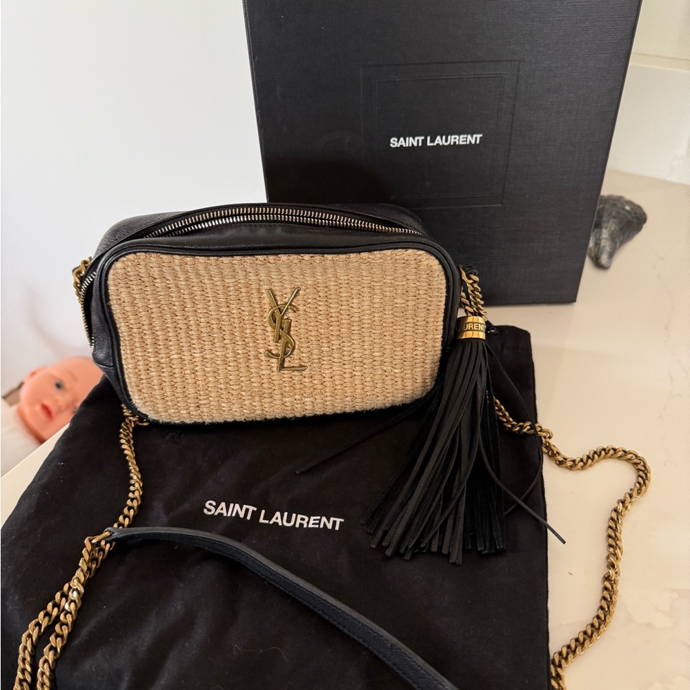 Saint Laurent Rafia Tresse Douglas Woven Beige and Black Crossbody Bag